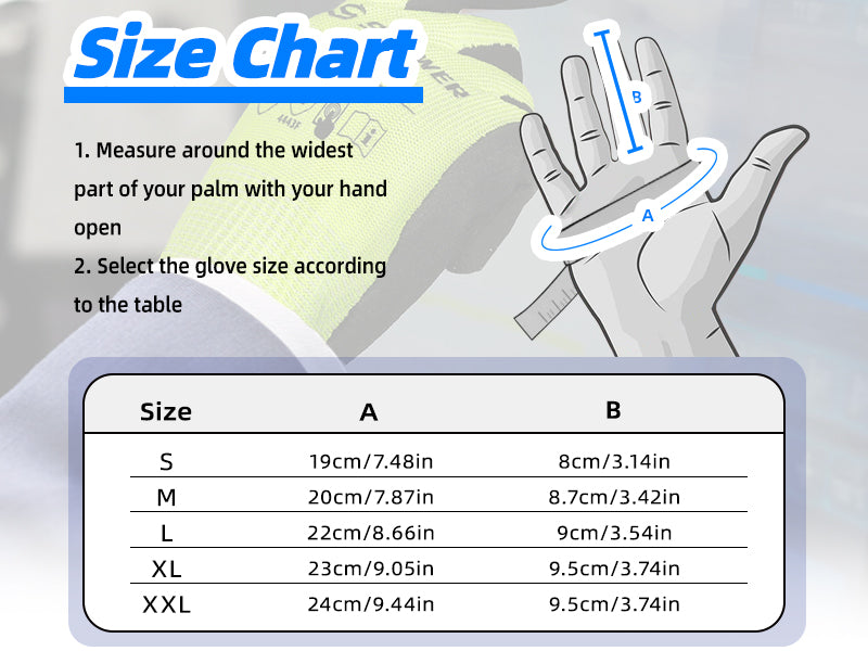 Glove size chart with measurement guide and size chart on a gray background
