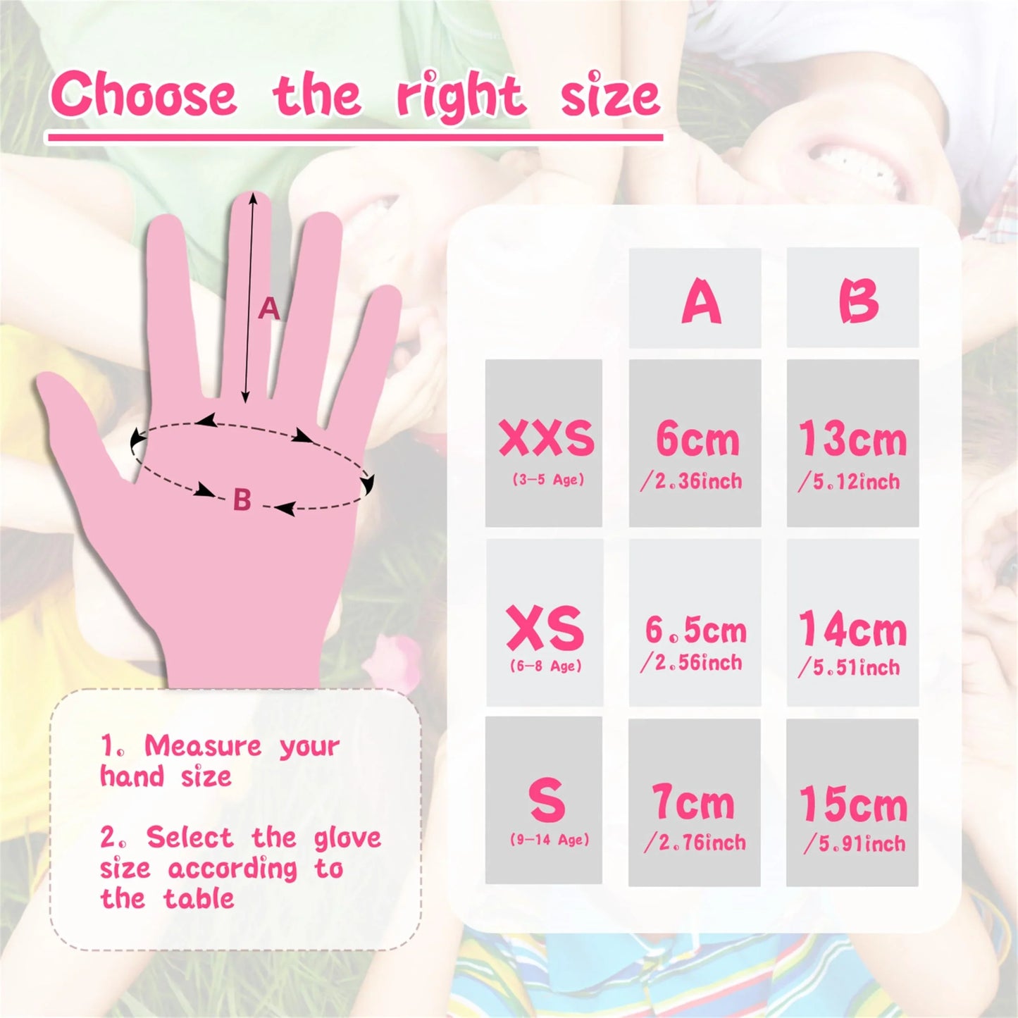 Hand size measurement chart for choosing glove sizes with a hand illustration.
