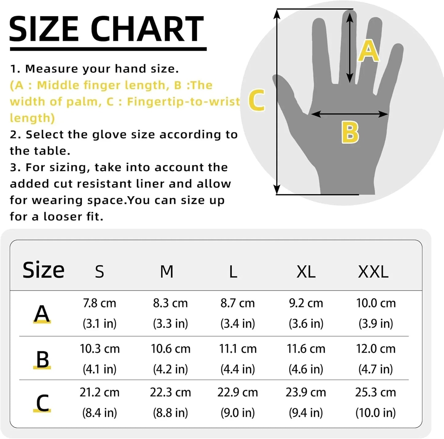 Cut resistant glove size chart with hand measurement guide and sizing table for PPE gloves.