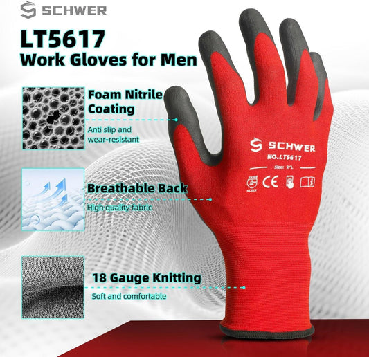 Red work glove with black foam nitrile coating, breathable back, and 18 gauge knitting.