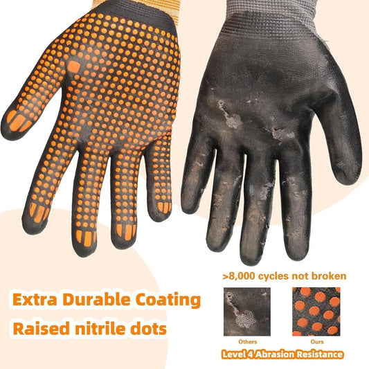 Pair of gloves with raised nitrile dots on a beige background