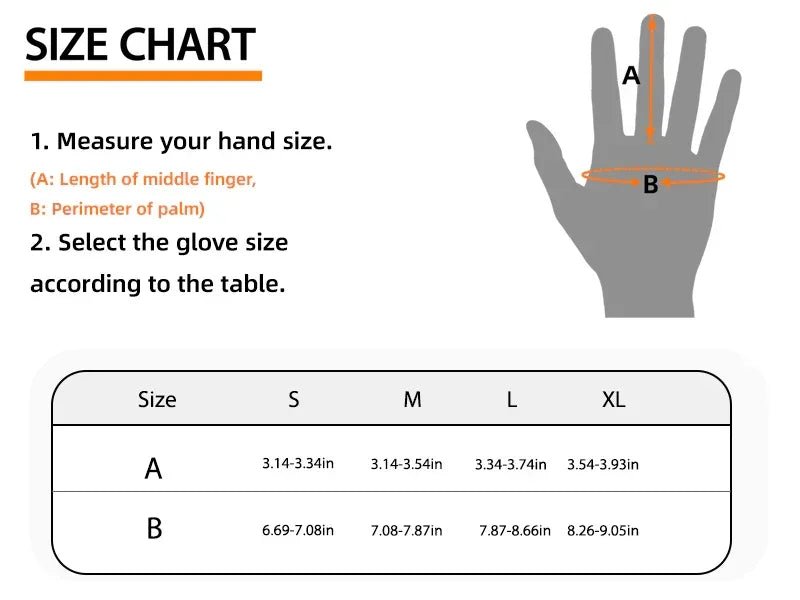 Hand size chart for selecting glove sizes with measurements of middle finger length and palm perimeter.