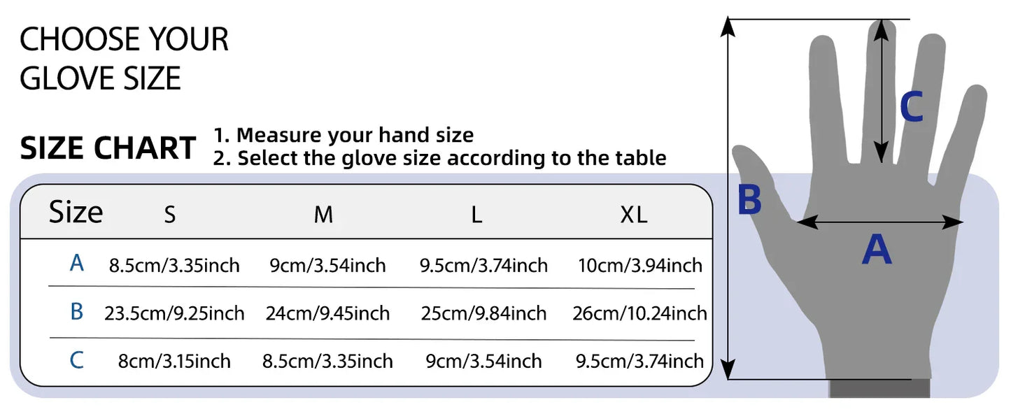 Glove size chart with hand illustration and measurement guide
