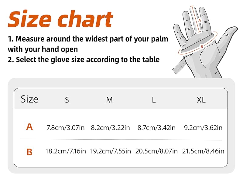 Glove size chart with measurements for different glove sizes