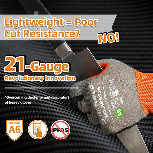 Hand wearing lightweight Schwer cut resistant glove holding sharp kitchen knife, promoting 21-gauge ANSI A6 protection