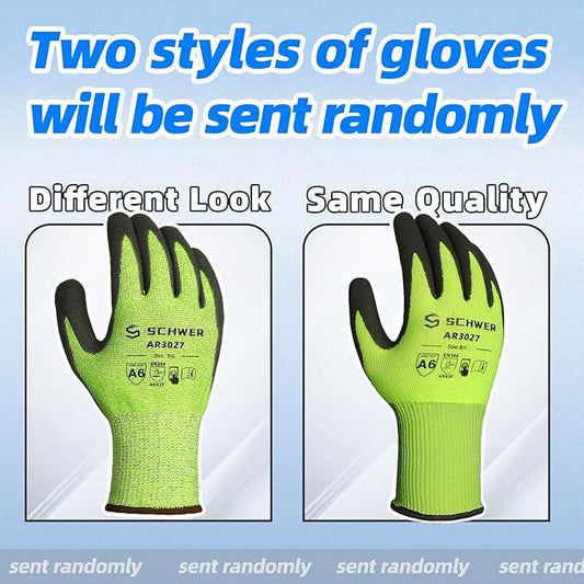 Two styles of green Schwer AR3027 cut resistant work gloves with black fingertips shown side by side against a light background
