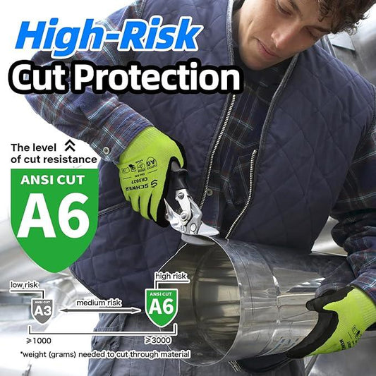 Worker wearing Schwergloves cut resistant gloves with ANSI A6 rating cutting metal pipe for high-risk protection