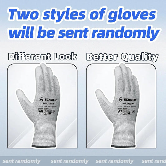 Two styles of Schwer cut resistant work gloves displayed side by side with different look and better quality labels
