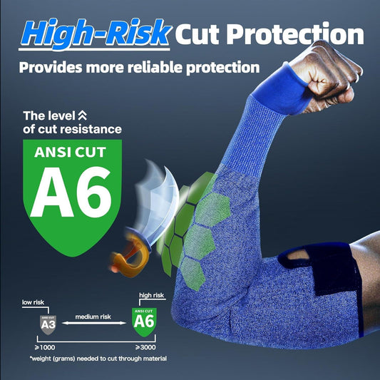 Blue arm sleeve with ANSI CUT A6 certification on a dark background