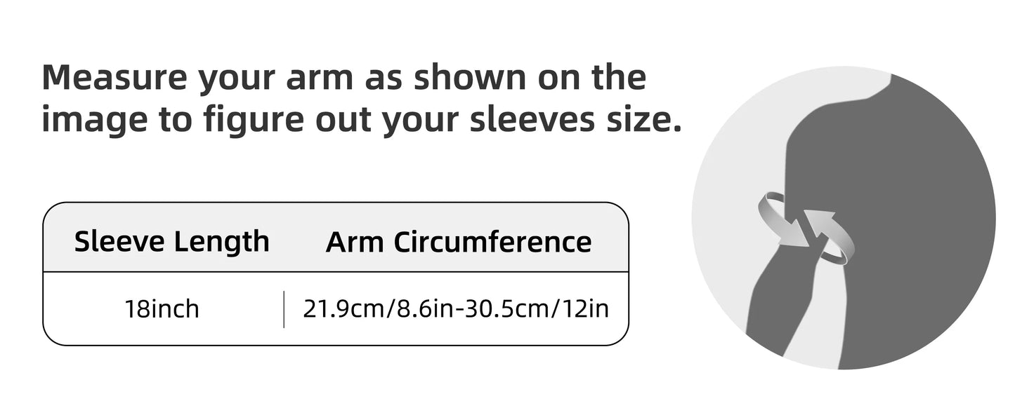 Measurement chart for determining sleeve size based on arm circumference and length.