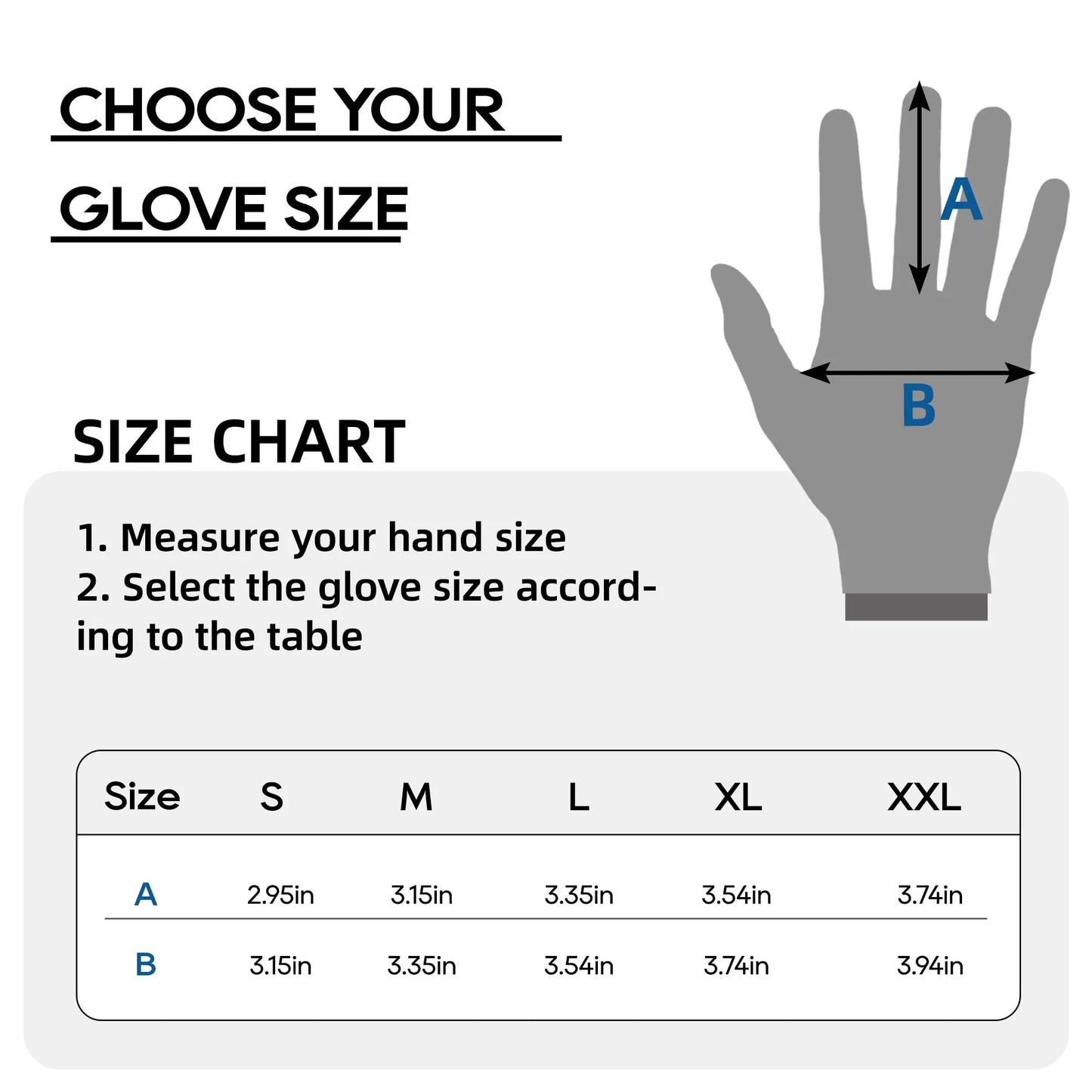 Glove size chart with hand measurement guide and size options.