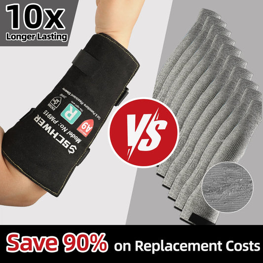 Schwer protective arm sleeve vs grey fabric sleeves, highlighting durability and cost savings.