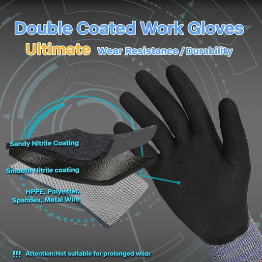 Black double coated work gloves with sandy and smooth nitrile coating, made of HPPE, polyester, spandex, and metal wire