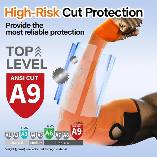 Arm wearing orange Schwergloves protective sleeve with ANSI cut A9 high-risk cut protection shield