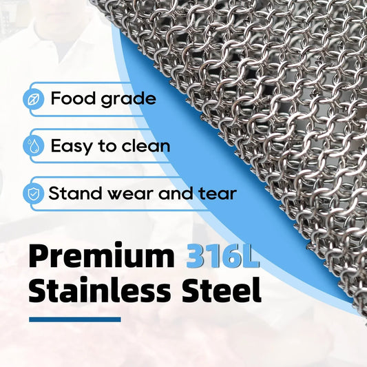 Close-up of premium 316L stainless steel chainmail with food grade, easy to clean, wear-resistant features text