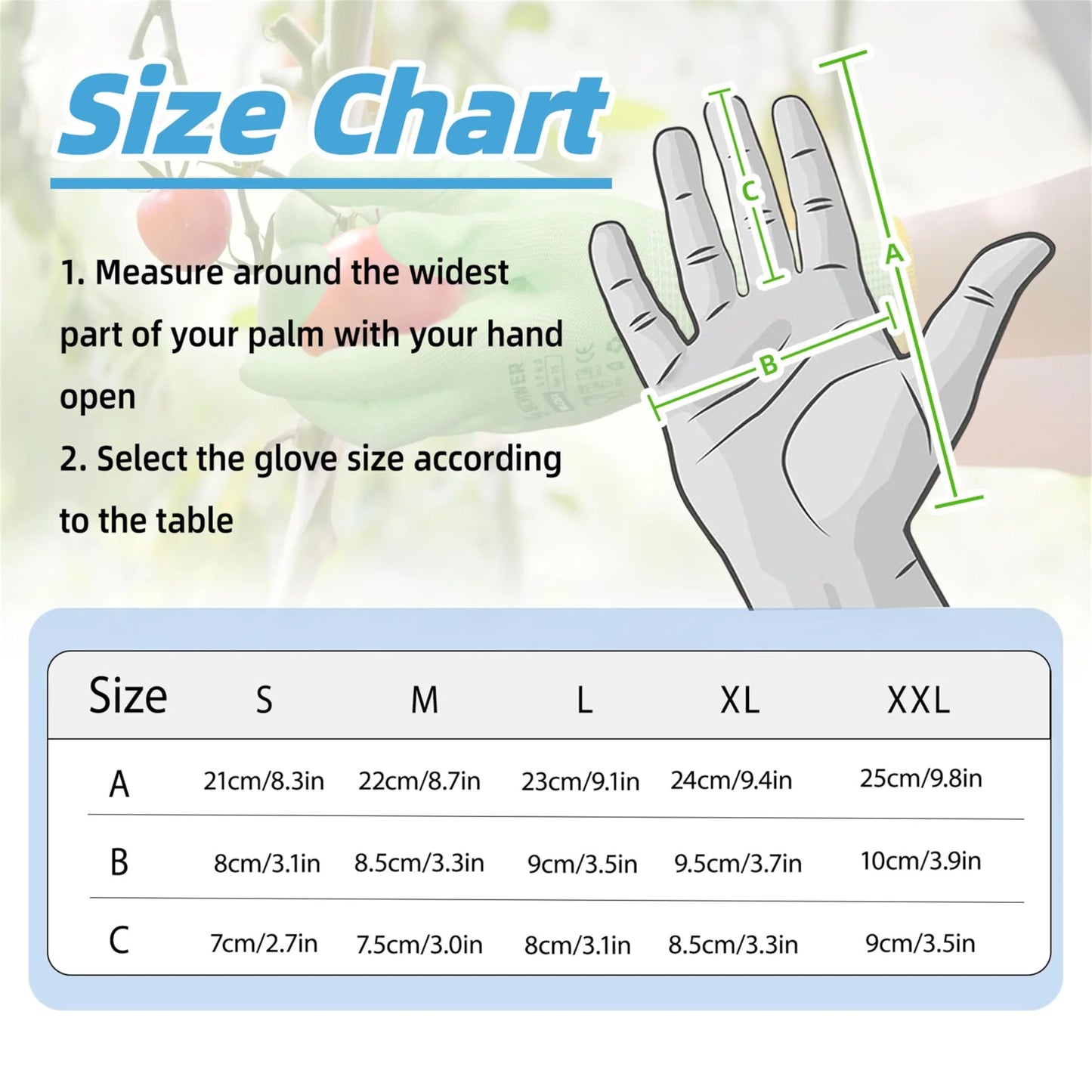 Glove size chart with measurement guide and size chart on a light background
