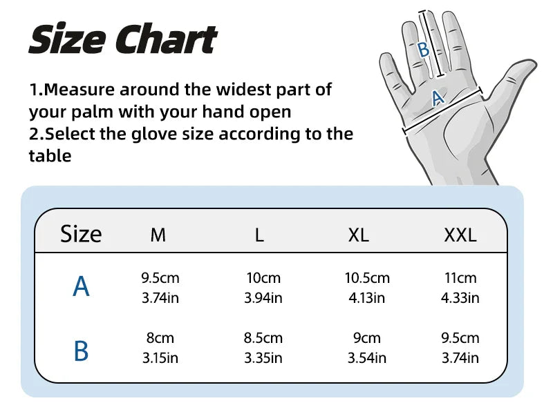 Glove size chart with measurements for different glove sizes