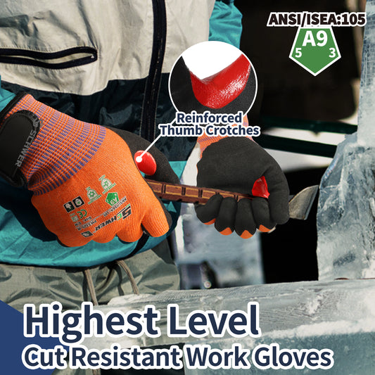 Worker wearing orange and black ANSI A9 cut resistant gloves with reinforced thumb crotches, carving ice