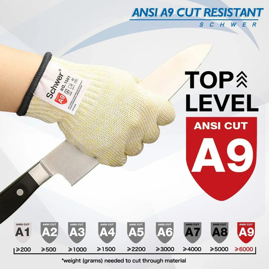 Hand wearing Schwer ANSI A9 cut resistant glove holding a kitchen knife with cut protection levels chart