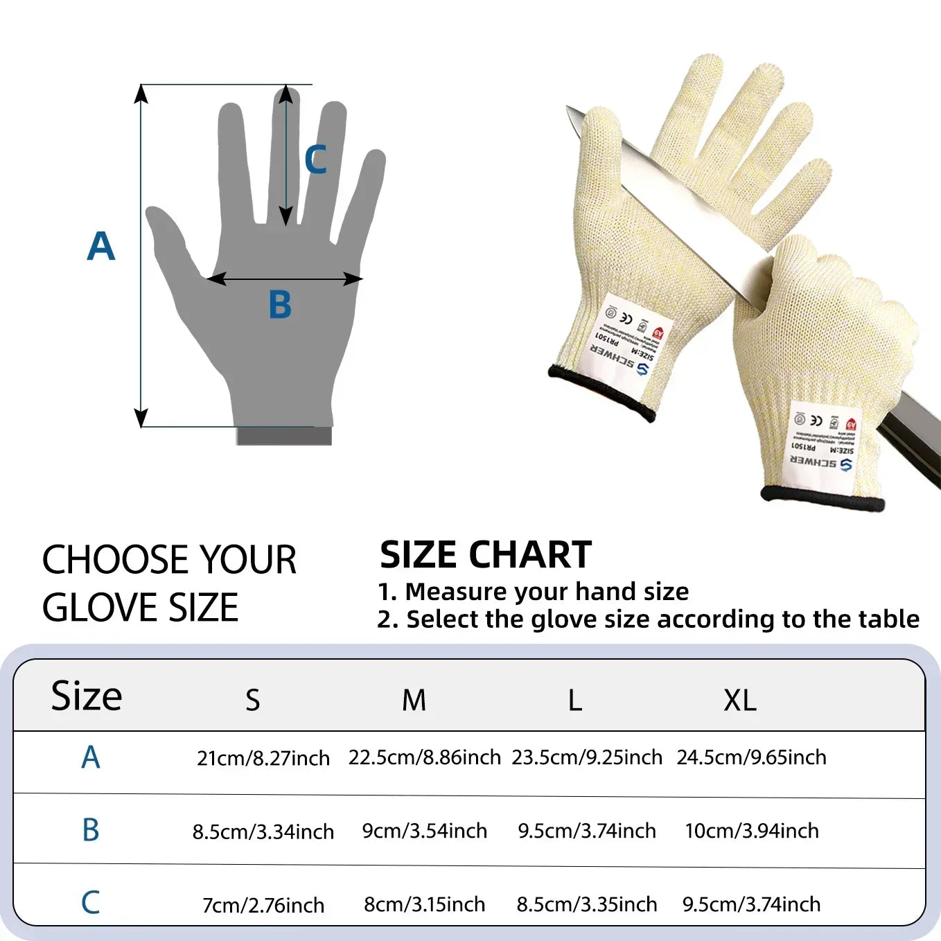 Cut-resistant gloves holding knife, glove size chart with hand measurement guide for selecting S, M, L, XL