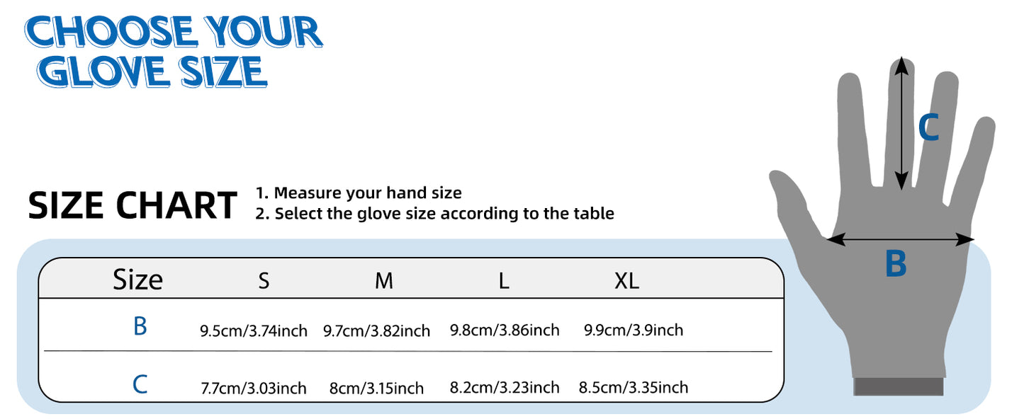 Glove size chart with measurements for S, M, L, and XL sizes.