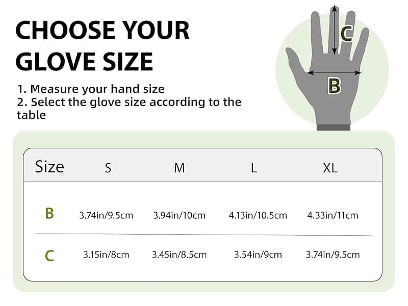 Glove size chart with hand measurement guide and size chart