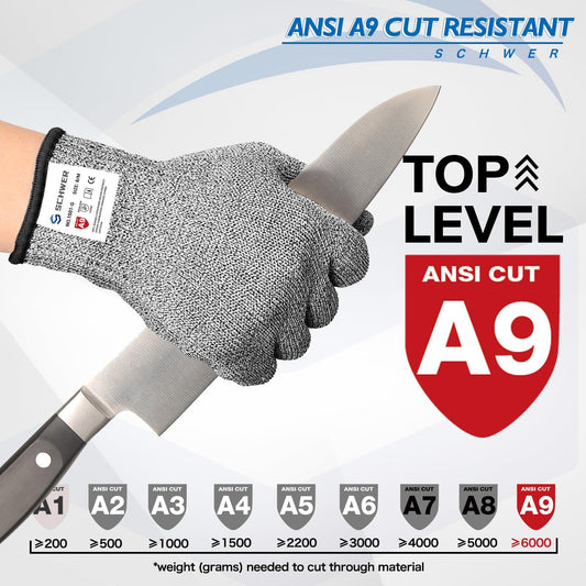 Hand wearing ANSI A9 cut resistant glove holding knife, showing top level cut protection