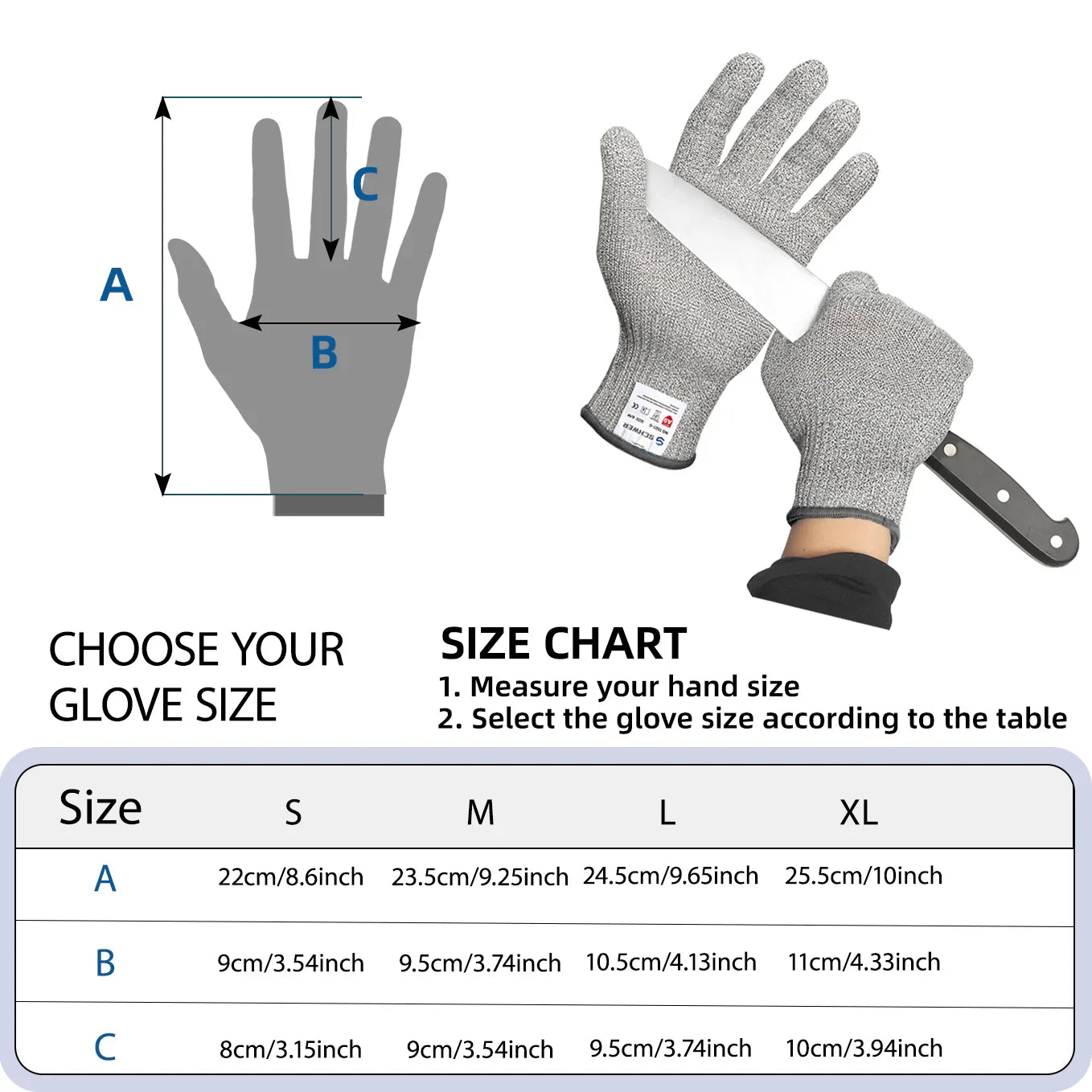 Cut-resistant gloves with knife test, hand measurement guide, and size chart for safety glove fitting