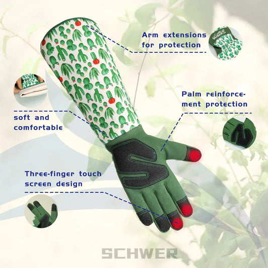 Green protective work glove with cactus print arm extension, palm reinforcement, and touchscreen fingertips