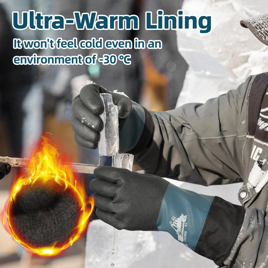 Person wearing ultra-warm insulated gloves handling ice blocks outdoors in freezing conditions