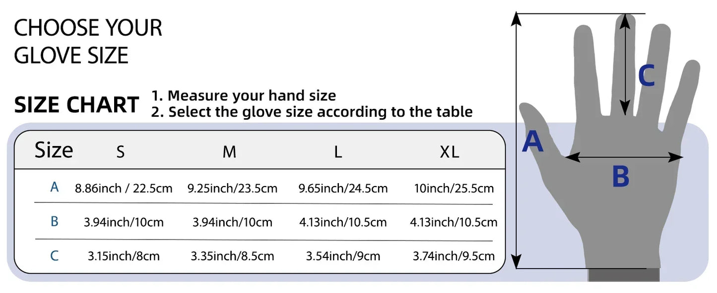 Glove size chart with measurement guide and hand illustration