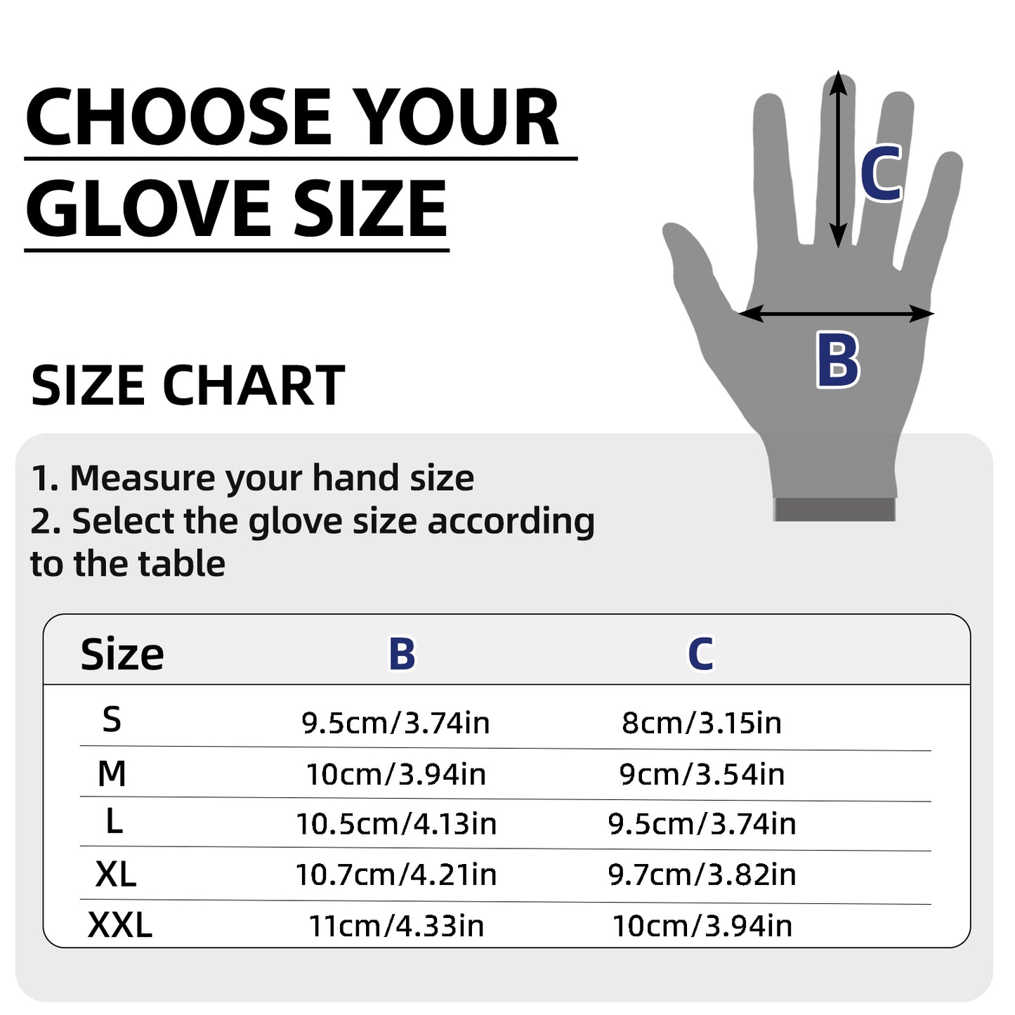 Glove size chart with measurement guide and hand illustration