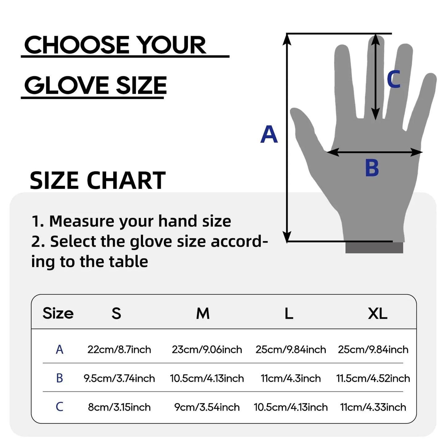 Glove size chart with hand measurement guide showing dimensions A, B, C for sizes S, M, L, XL in cm and inches