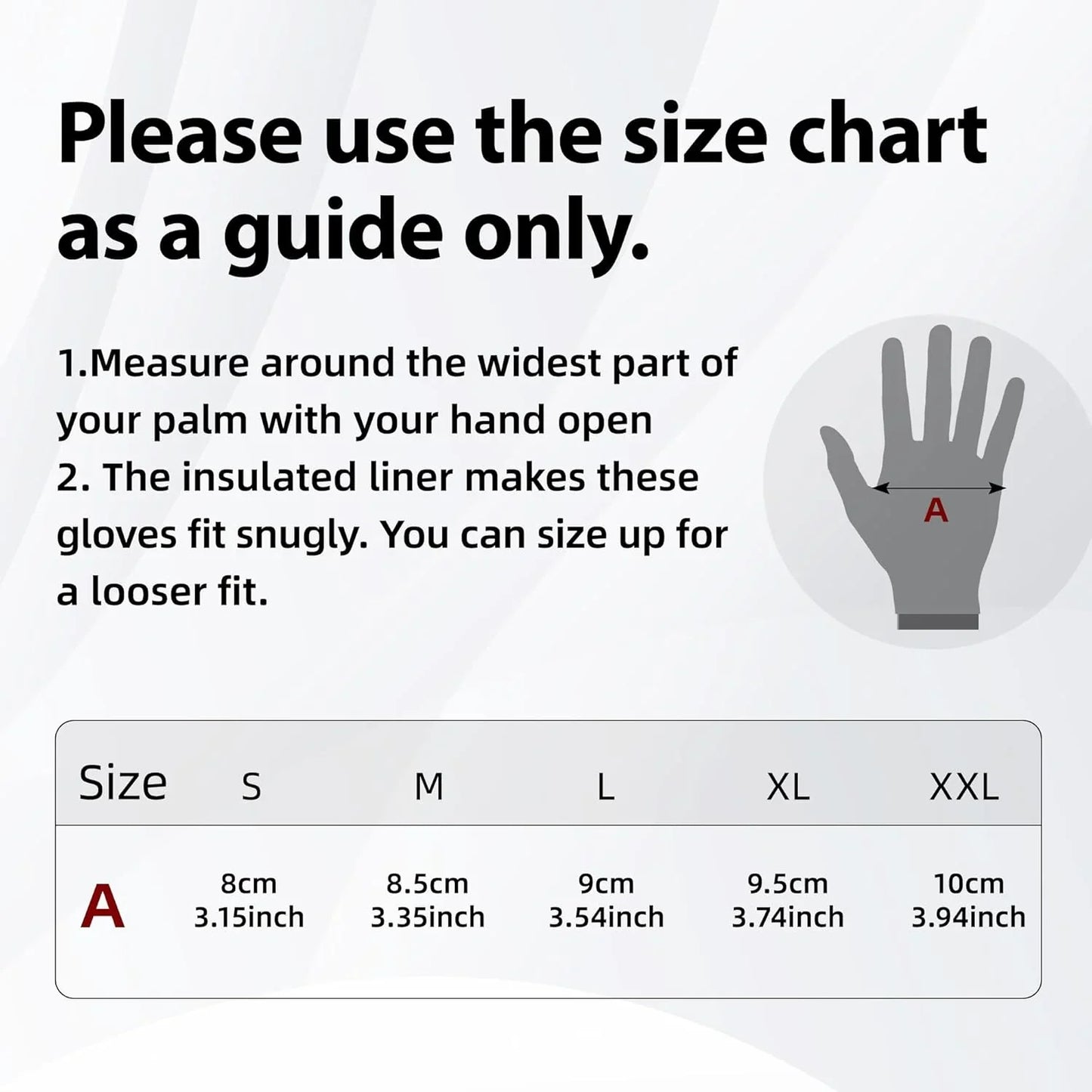 Size chart for gloves with measurement guide and glove illustration.