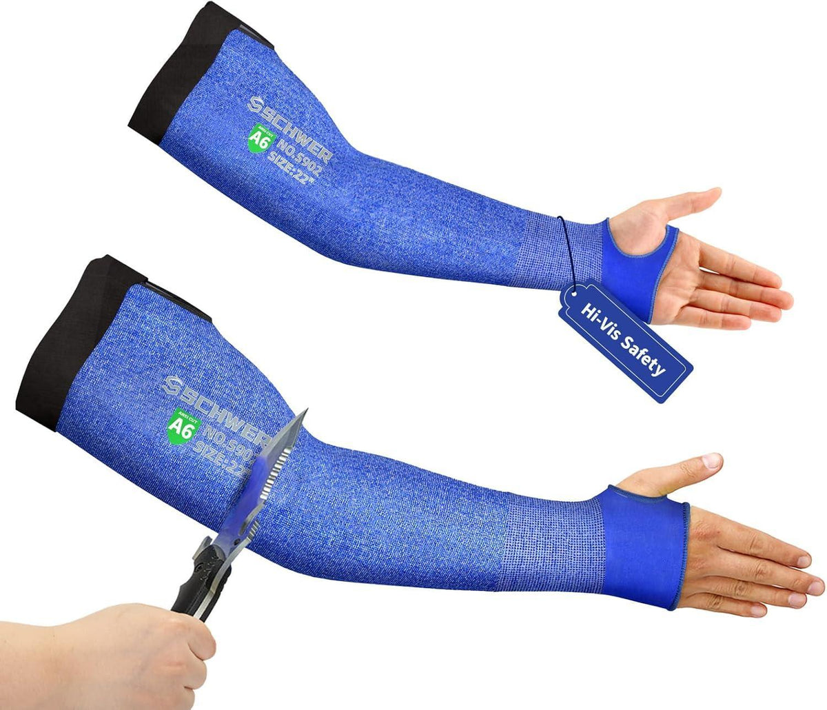 Blue arm sleeves with visible branding being cut by a knife on a white background