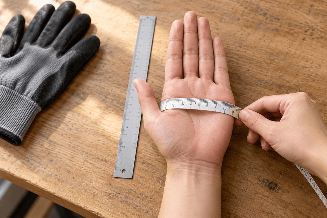 Bare hand being measured for work-glove fit, with a tape measure around the palm and a ruler beside it