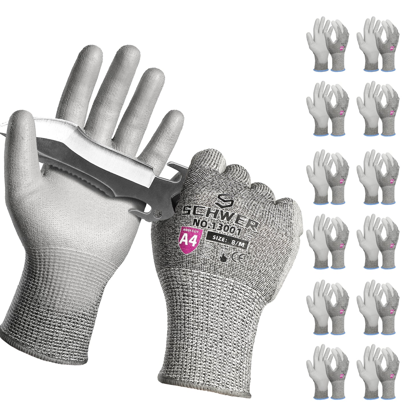 ANSI A4 Cut Resistant Work Gloves with PU Coating, CR13001