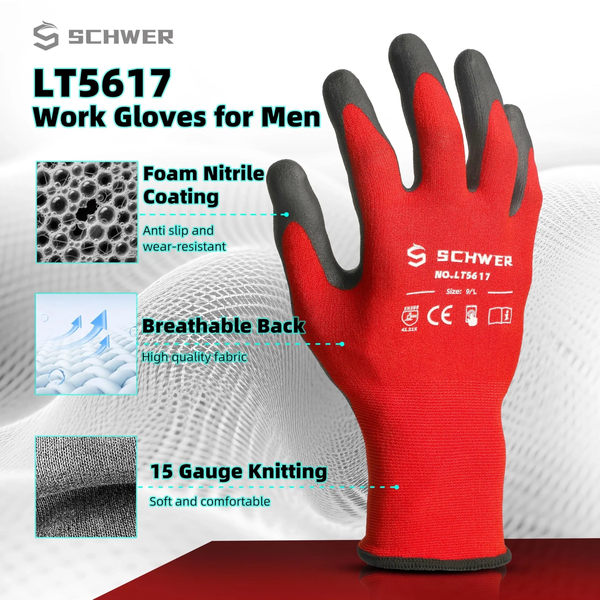 Red and black LT5617 work gloves for men by Schwer featuring foam nitrile coating, breathable back, and 15 gauge knitting