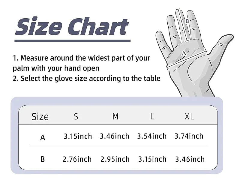 Glove size chart with measurements for different glove sizes