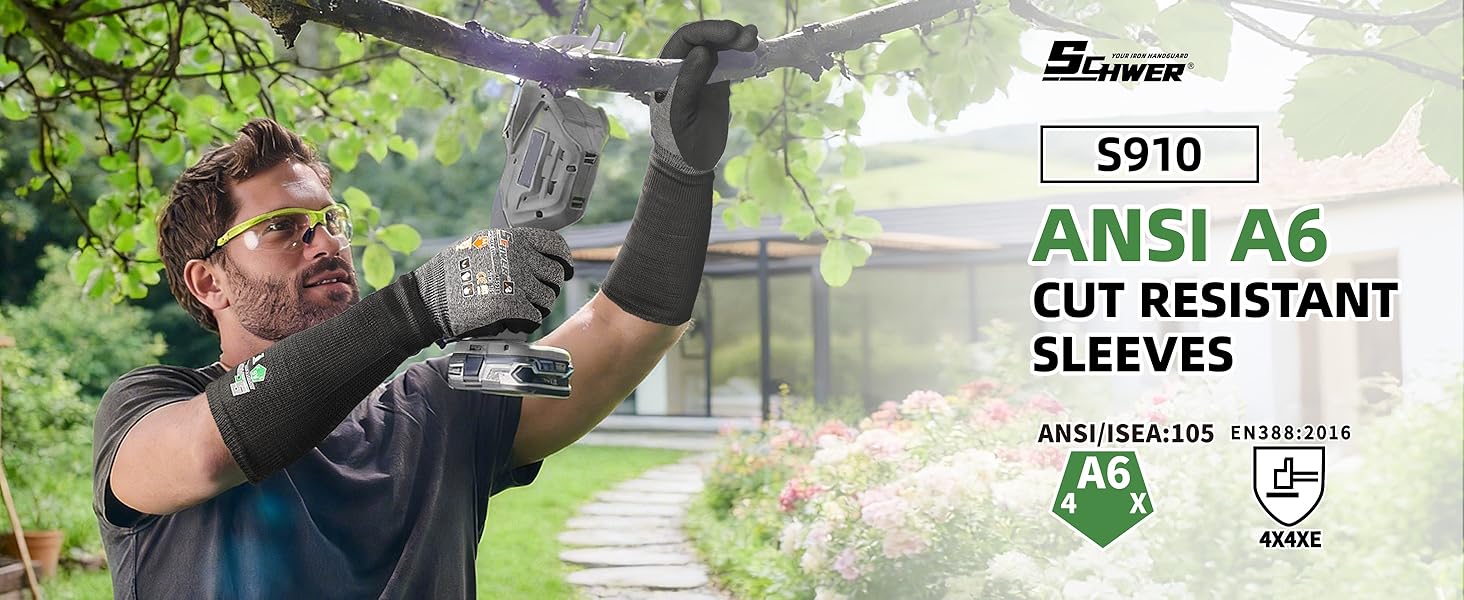 Person using a power tool with safety gear, surrounded by greenery and branding text.