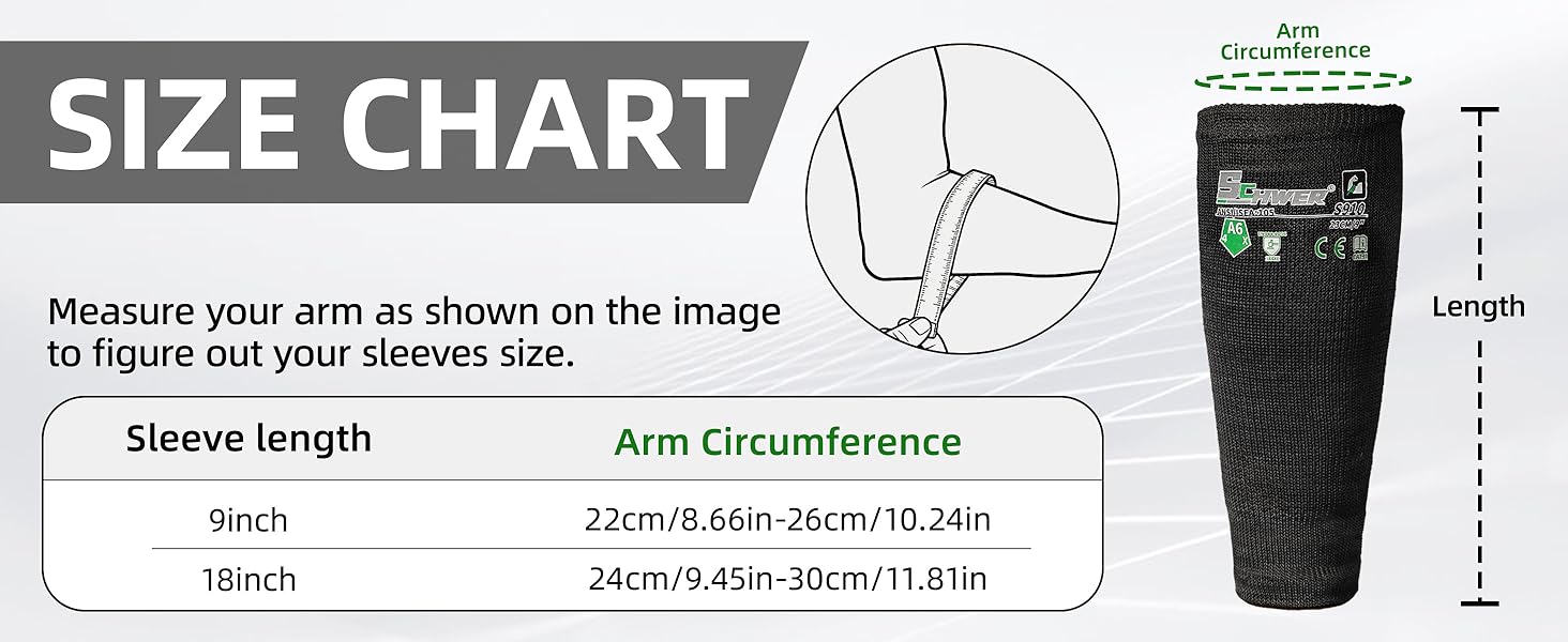 Size chart for sleeves showing arm measurement and sleeve length