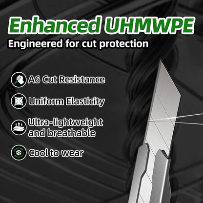 Enhanced UHMWPE material with cut resistance features and a knife blade on a dark background
