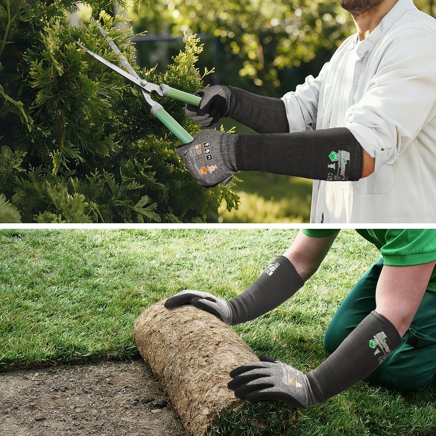 Person using gardening tools with branded wrist support and gloves in a garden setting.