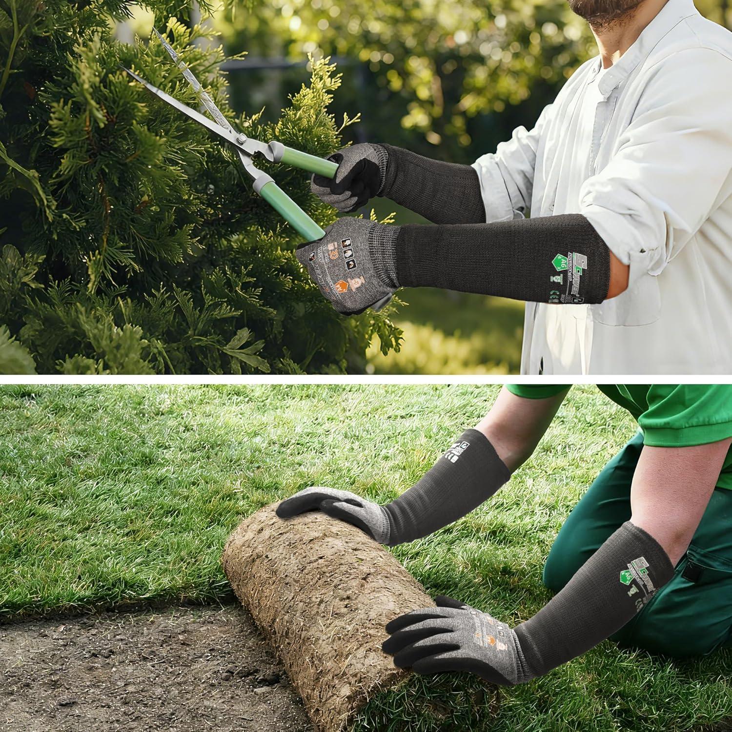 Person using gardening tools with branded wrist support and gloves in a garden setting.
