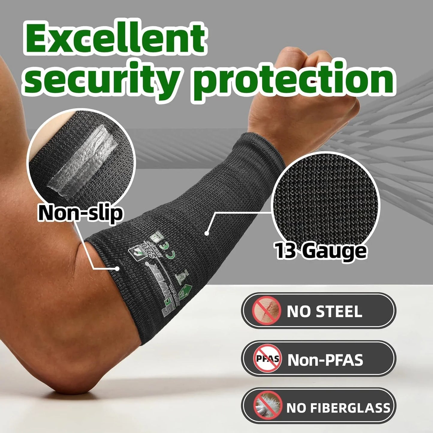 Black arm sleeve on a person's arm with text highlighting security features and materials.