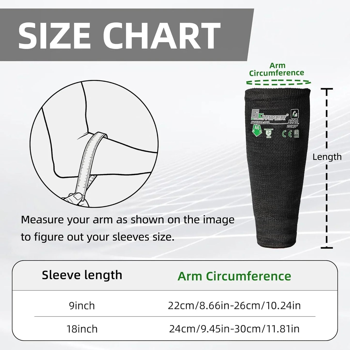 Size chart for black sleeves with measurement guide and arm circumference diagram.