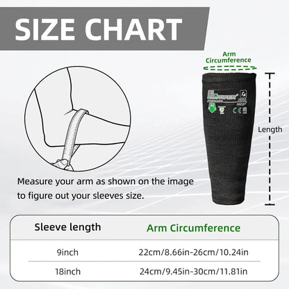 Size chart for black sleeves with measurement guide and arm circumference diagram.