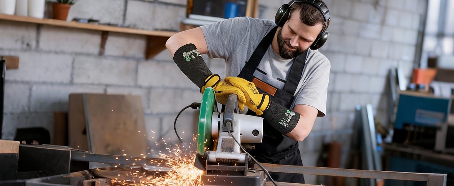 Person using a circular saw with sparks in a workshop setting