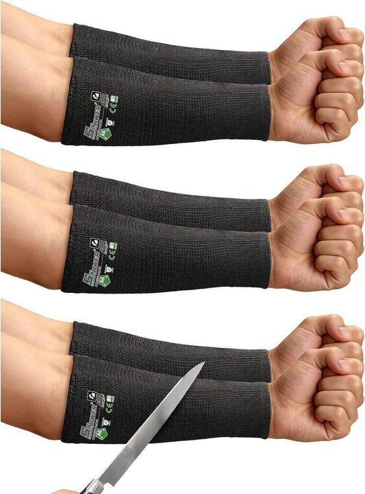 Black arm sleeves on arms with a close-up of one being cut open.
