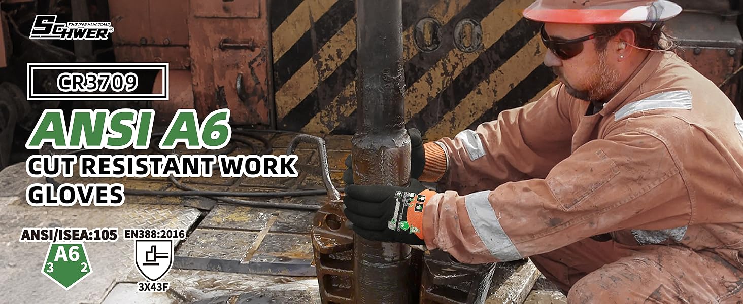 Person wearing ANSI A6 cut-resistant work gloves working with a piece of equipment.